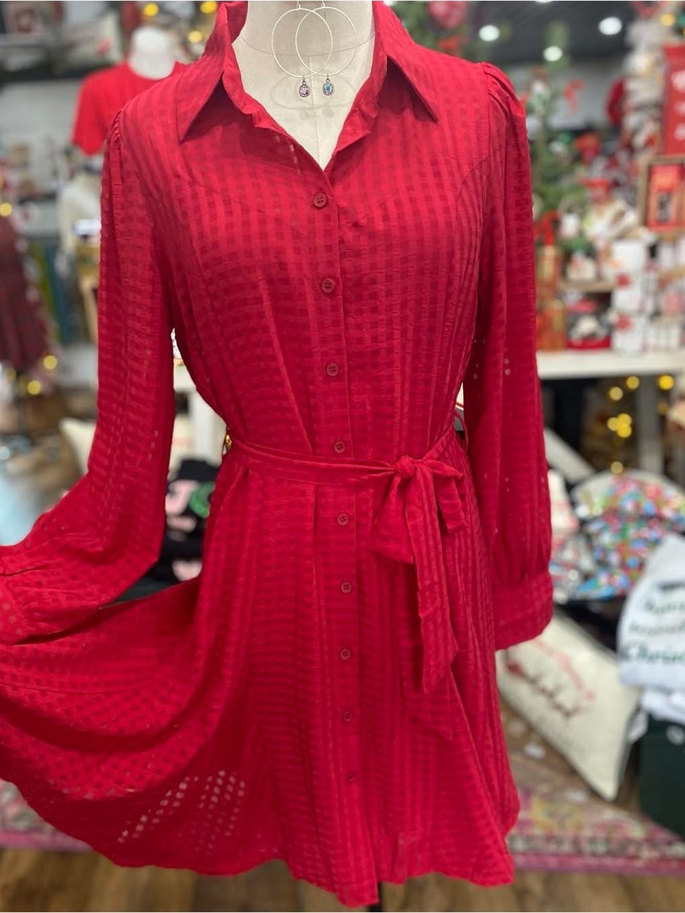 She + Sky Red Long-Sleeve Button Front Tie-Waist Shirt Dress